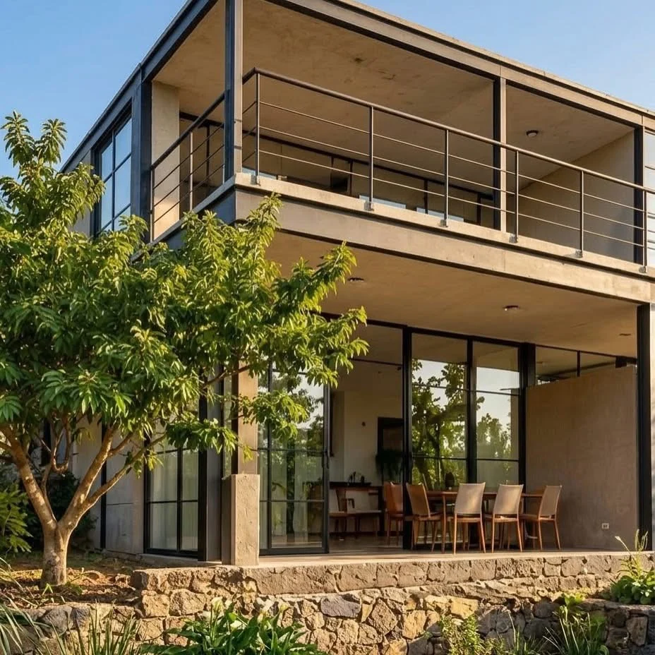Cocina moderna de madera y gran ventanal con vistas montañosas
